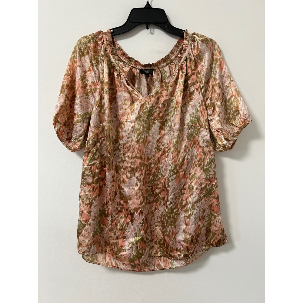 Talbots Women Pink Olive Abstract Print V-Neck‎ Puff Sleeve Blouse Size X